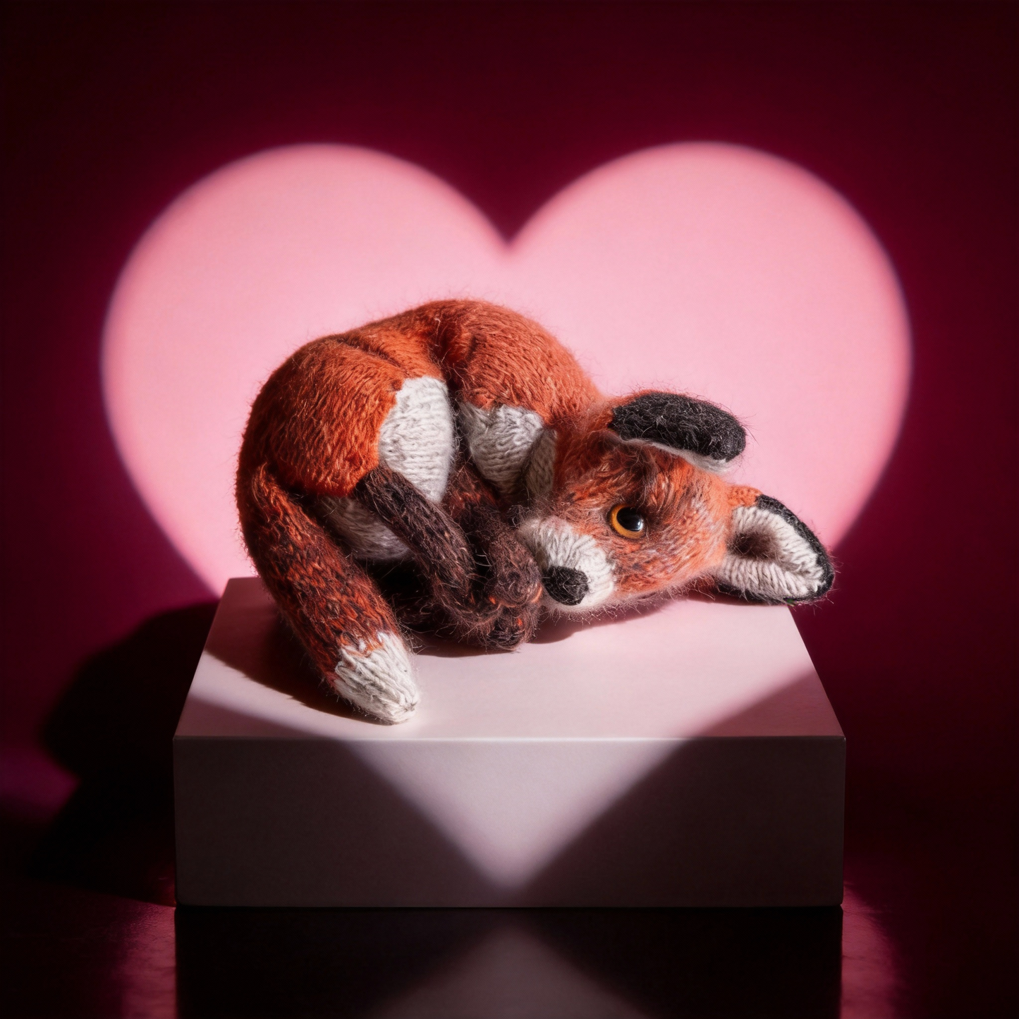 Stuffed fox toy on a white block with a pink heart in the background