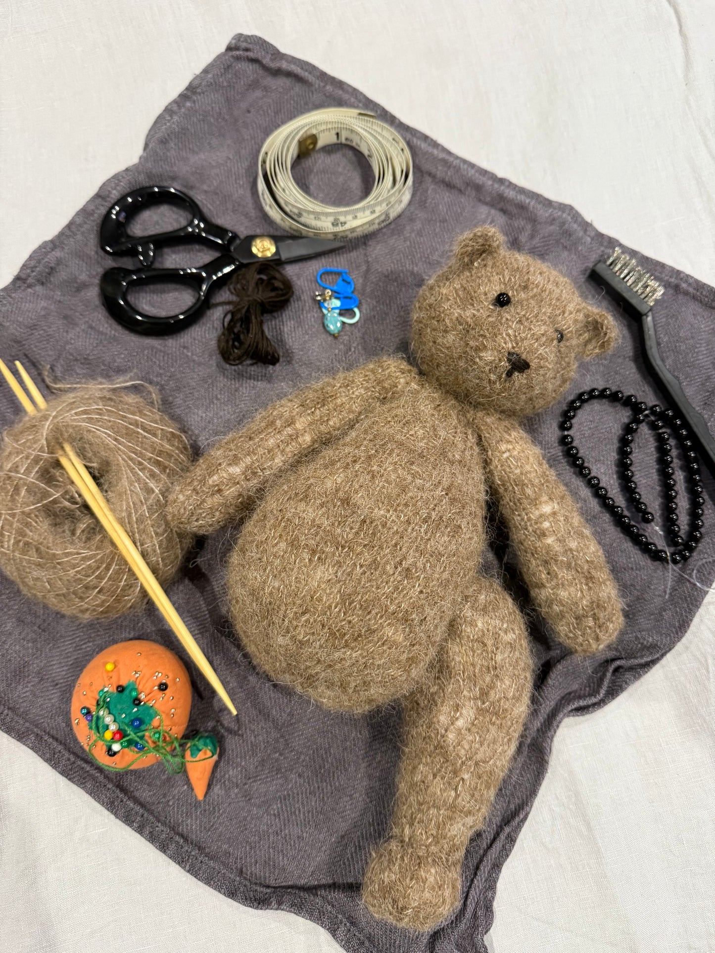 Teddy Bear Hand Knitted in silk and alpaca yarn