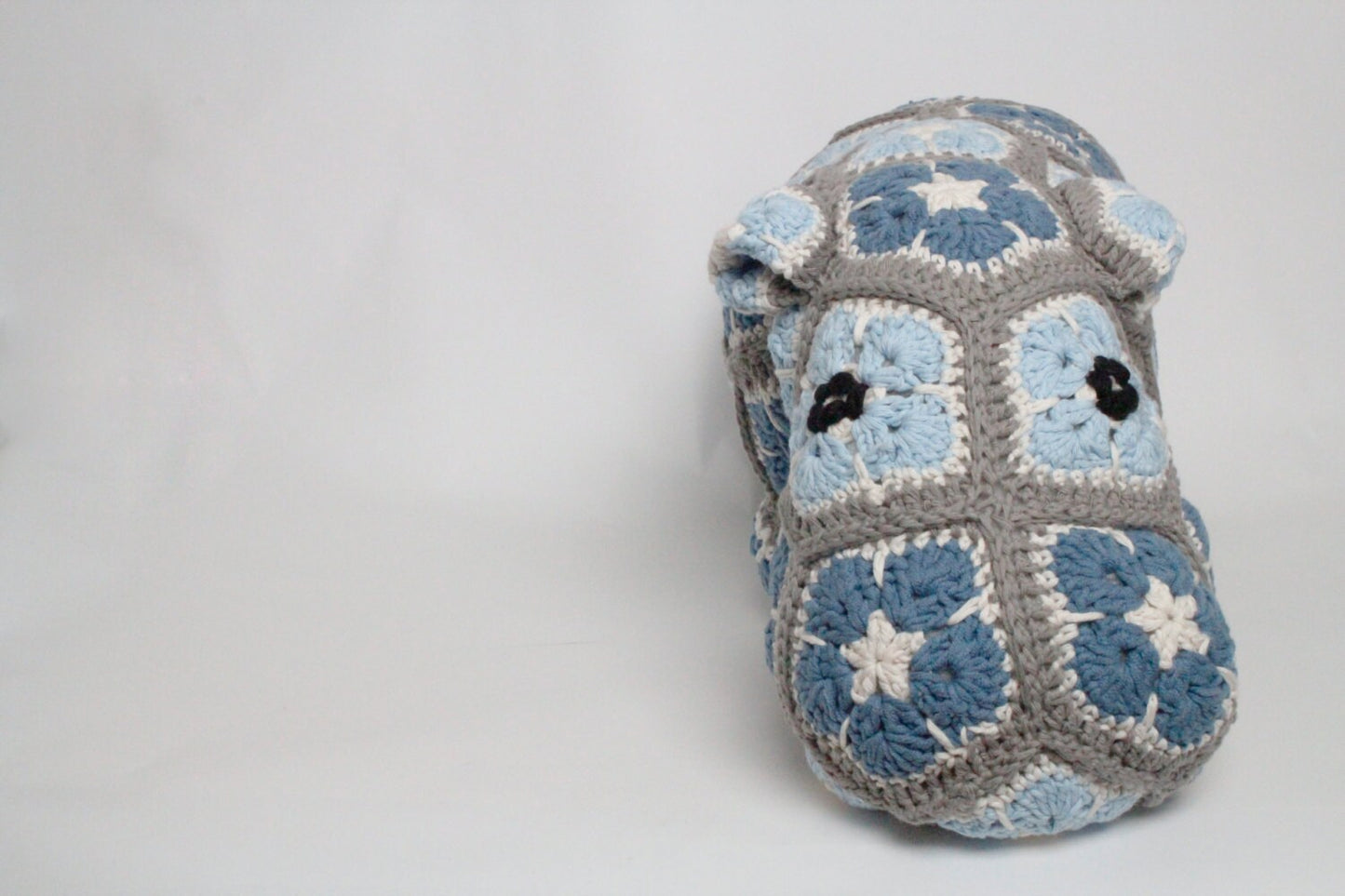 Crochet Hippo cushion door stop pillow. Extra large size in super soft recycled cotton yarn.