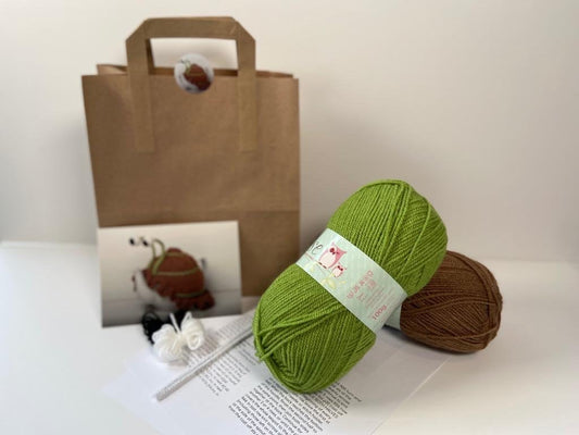DIY Snail Tea Cosy Kit - Makes two reversable colours complete with yarn, pattern, instructions and accessories