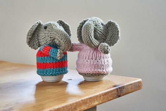 Egg cosy elephants by Rupert's House - hand knitted in washable cotton yarn.