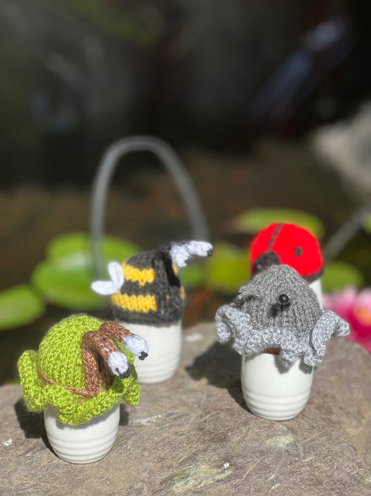 Egg cosie garden set of 4 - Slug Snail Bee and Ladybird hand knitted washable cosies