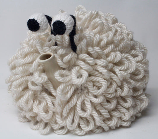 Dolly the Sheep hand knitted woolly tea cosy.