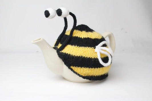 Bumble bee tea cosy. Hand knitted stripy bee cosie in washable yarn.