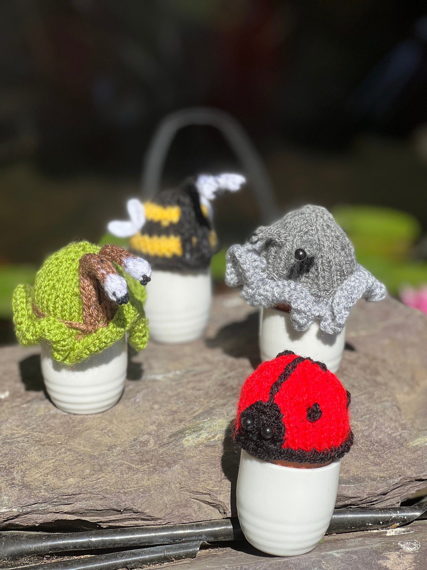 Egg cosie garden set of 4 - Slug Snail Bee and Ladybird hand knitted washable cosies