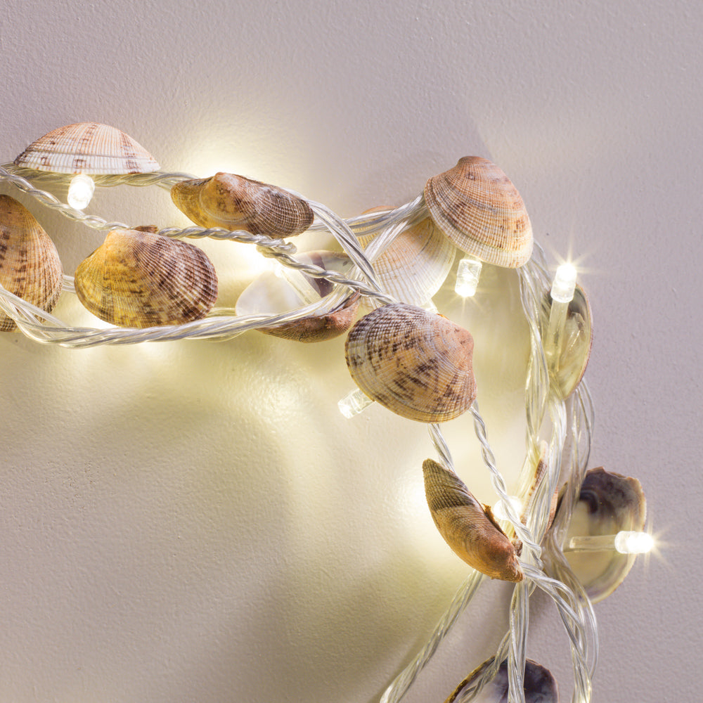 String lights with seashell decorations on a plain background