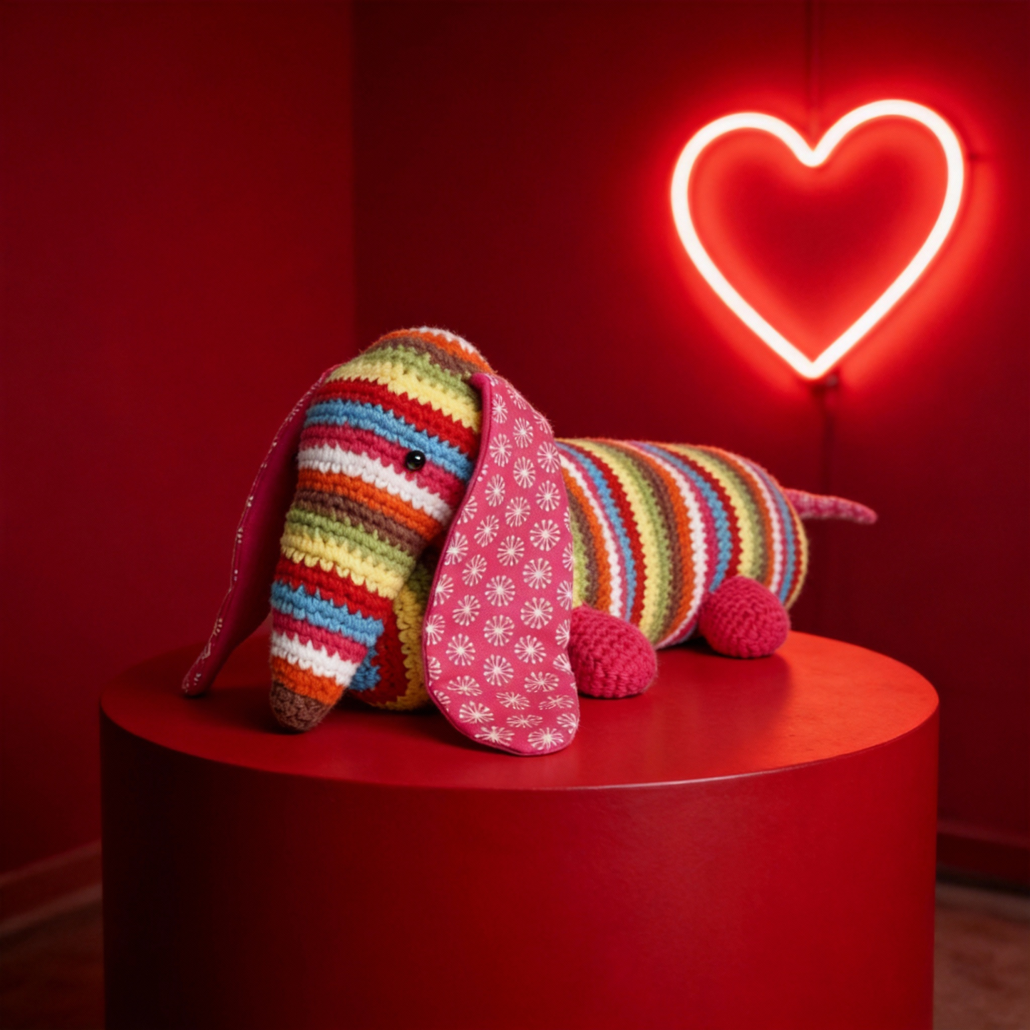 Colorful knitted dog toy on a red pedestal with a heart-shaped neon light in the background.