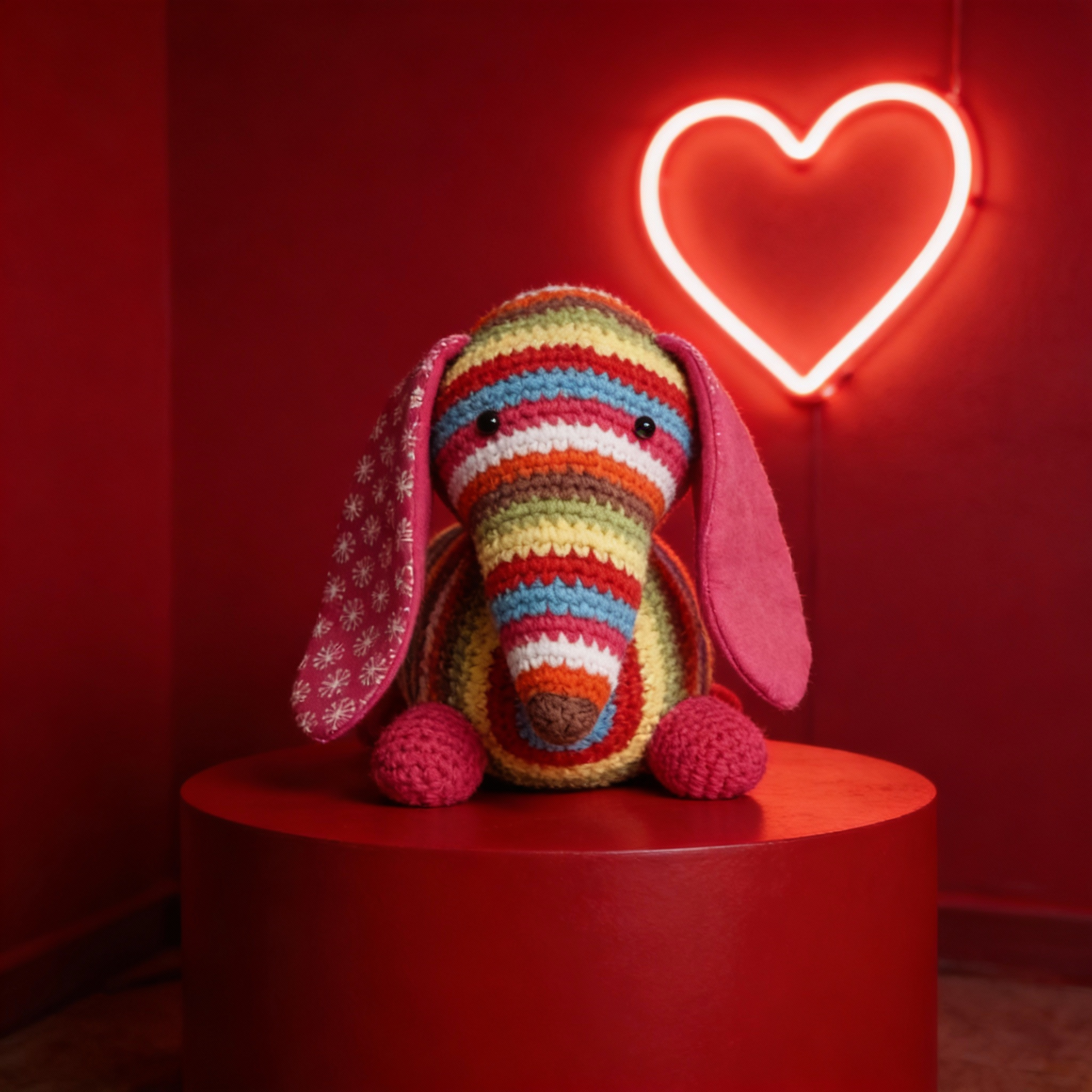Colorful crocheted dog toy on a red pedestal with a heart-shaped neon light in the background.