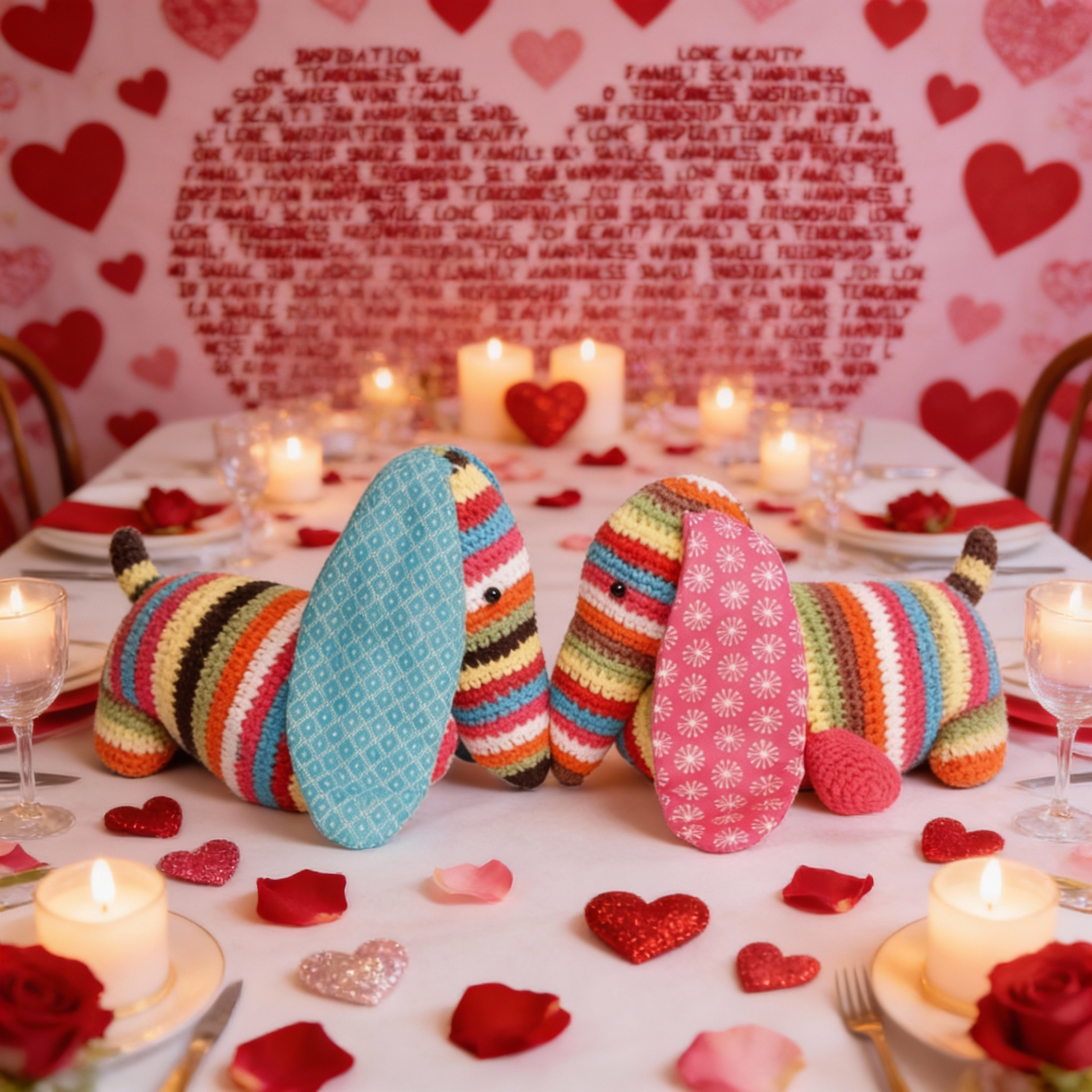 Colorful knitted dogs on a Valentine's Day-themed table with candles and heart decorations.