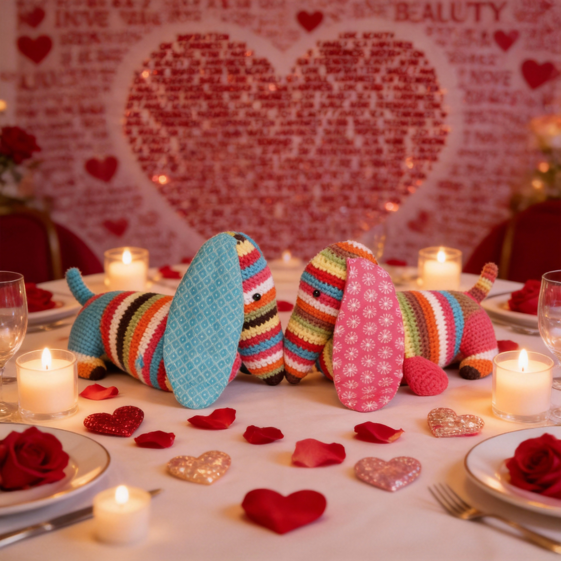 Decorative table setting with knitted elephants, candles, and heart-shaped decorations.