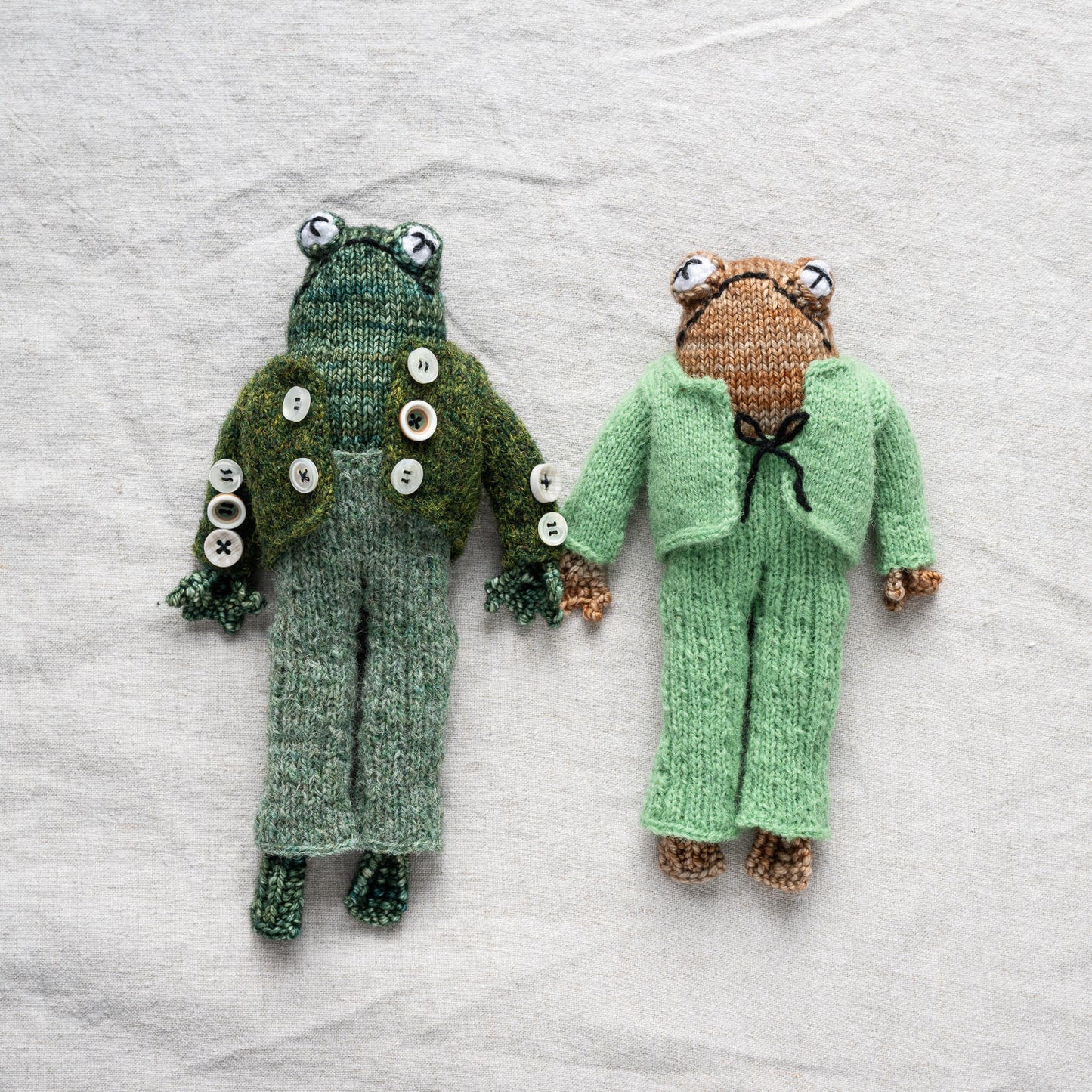 Frog and Toad book characters hand knitted at Ruperts House 