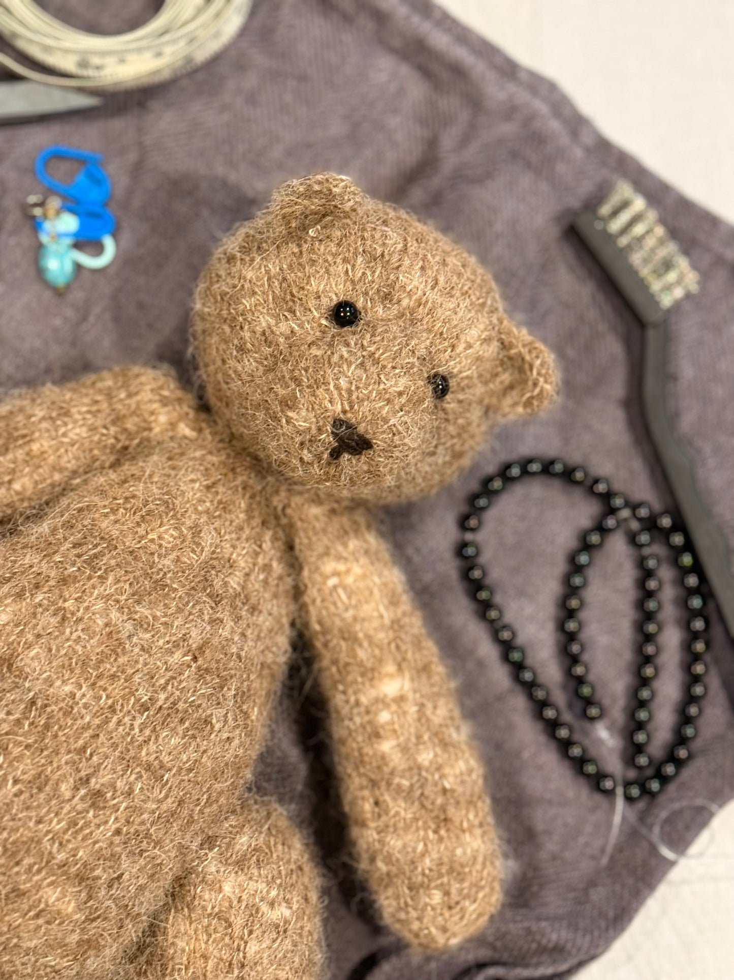 Teddy Bear Hand Knitted in silk and alpaca yarn