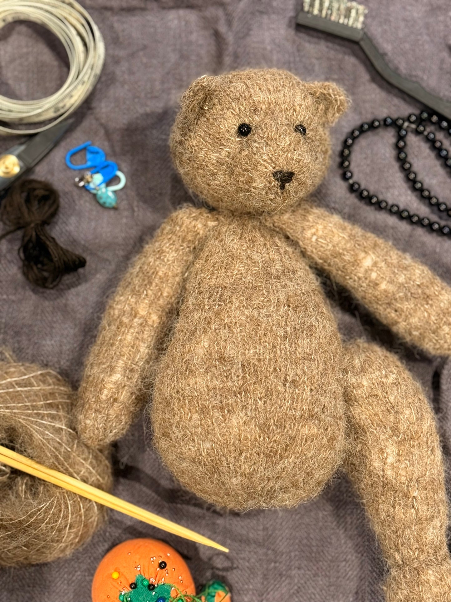 Teddy Bear Hand Knitted in silk and alpaca yarn