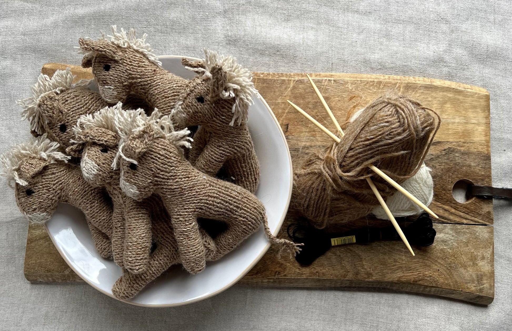 Hand knitted donkey in natural dyed wool and alpaca yarn. Donkey lovers gift