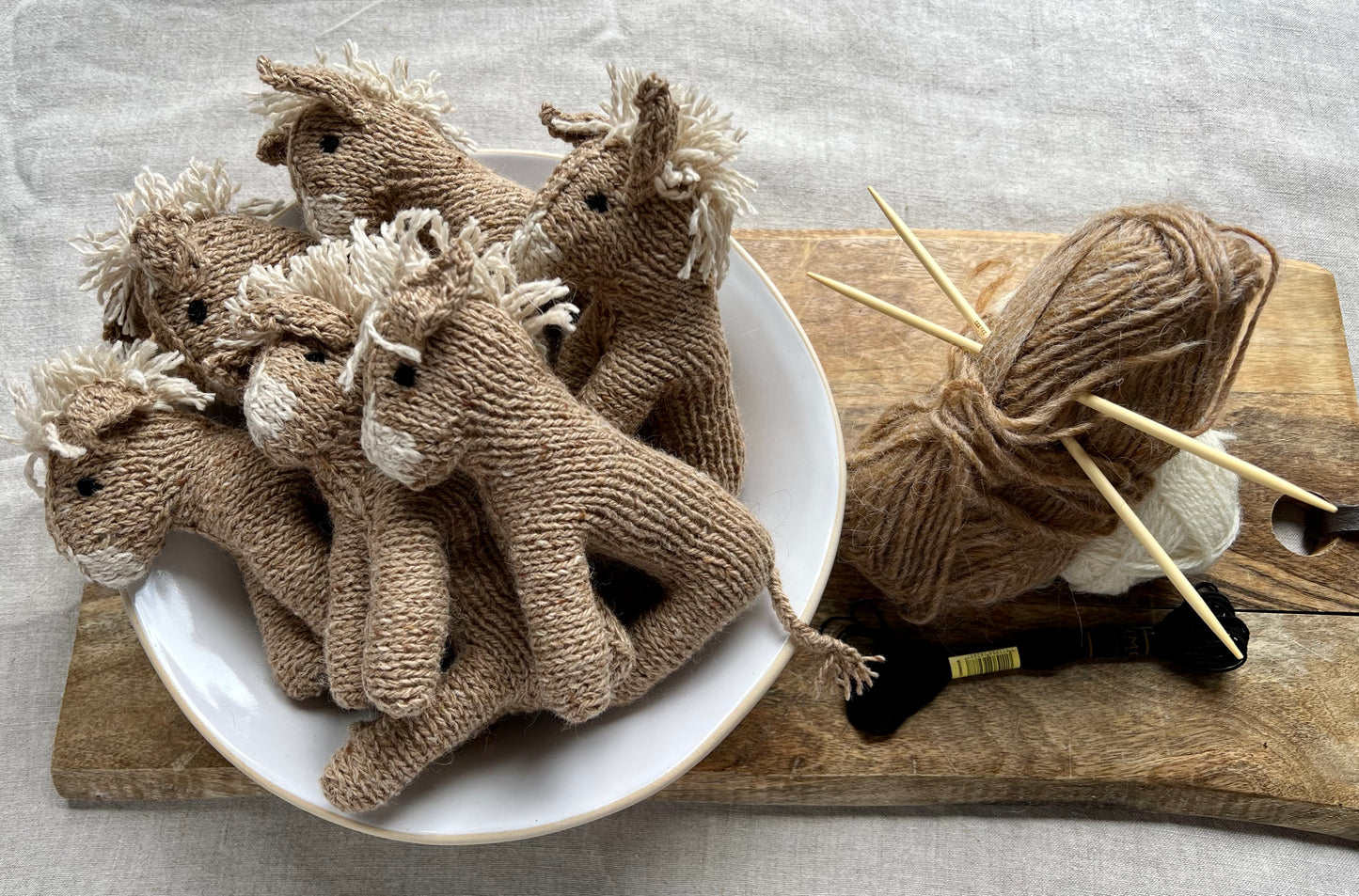 Hand knitted donkey in natural dyed wool and alpaca yarn. Donkey lovers gift