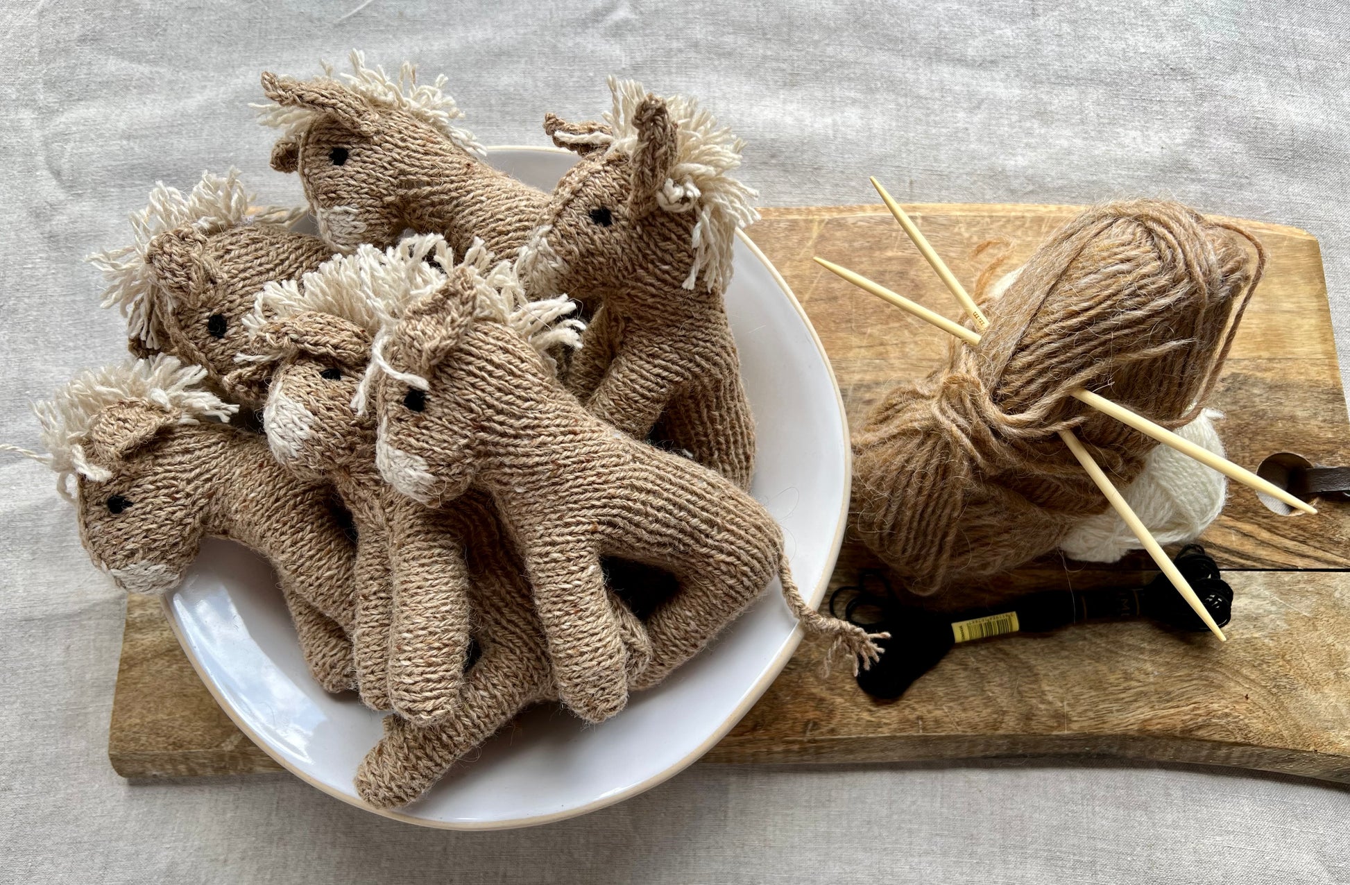 Hand knitted donkey in natural dyed wool and alpaca yarn. Donkey lovers gift