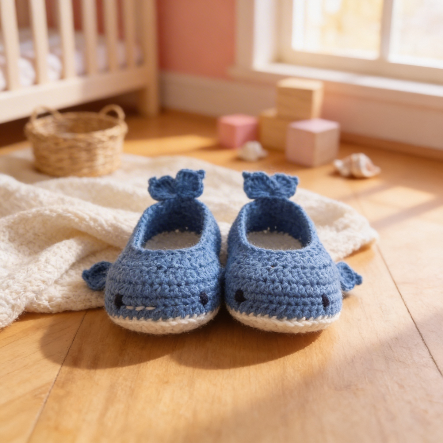 Whale Of A Time baby boots hand crocheted n 100% natural cotton yarn