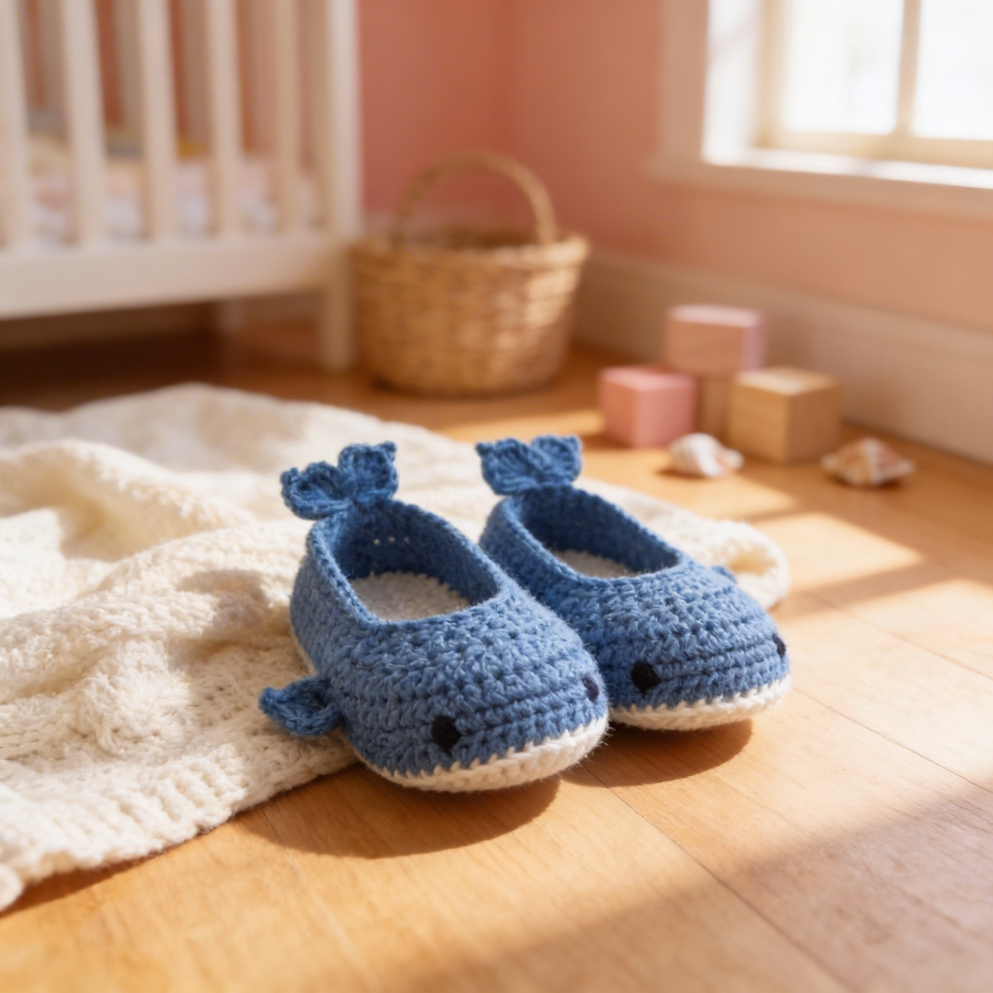 Whale Of A Time baby boots hand crocheted n 100% natural cotton yarn
