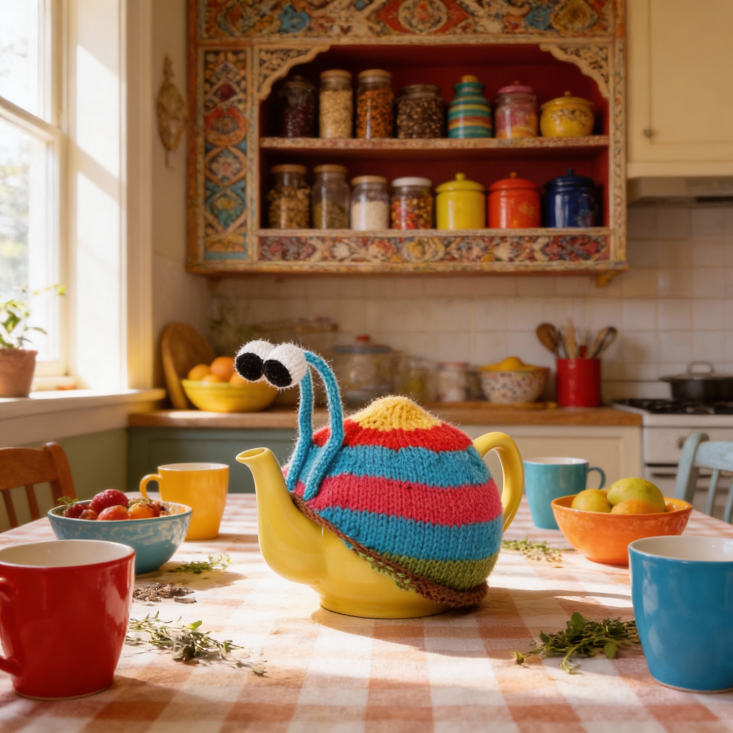 Sebastian The Snail - blue stripy tea cosy.