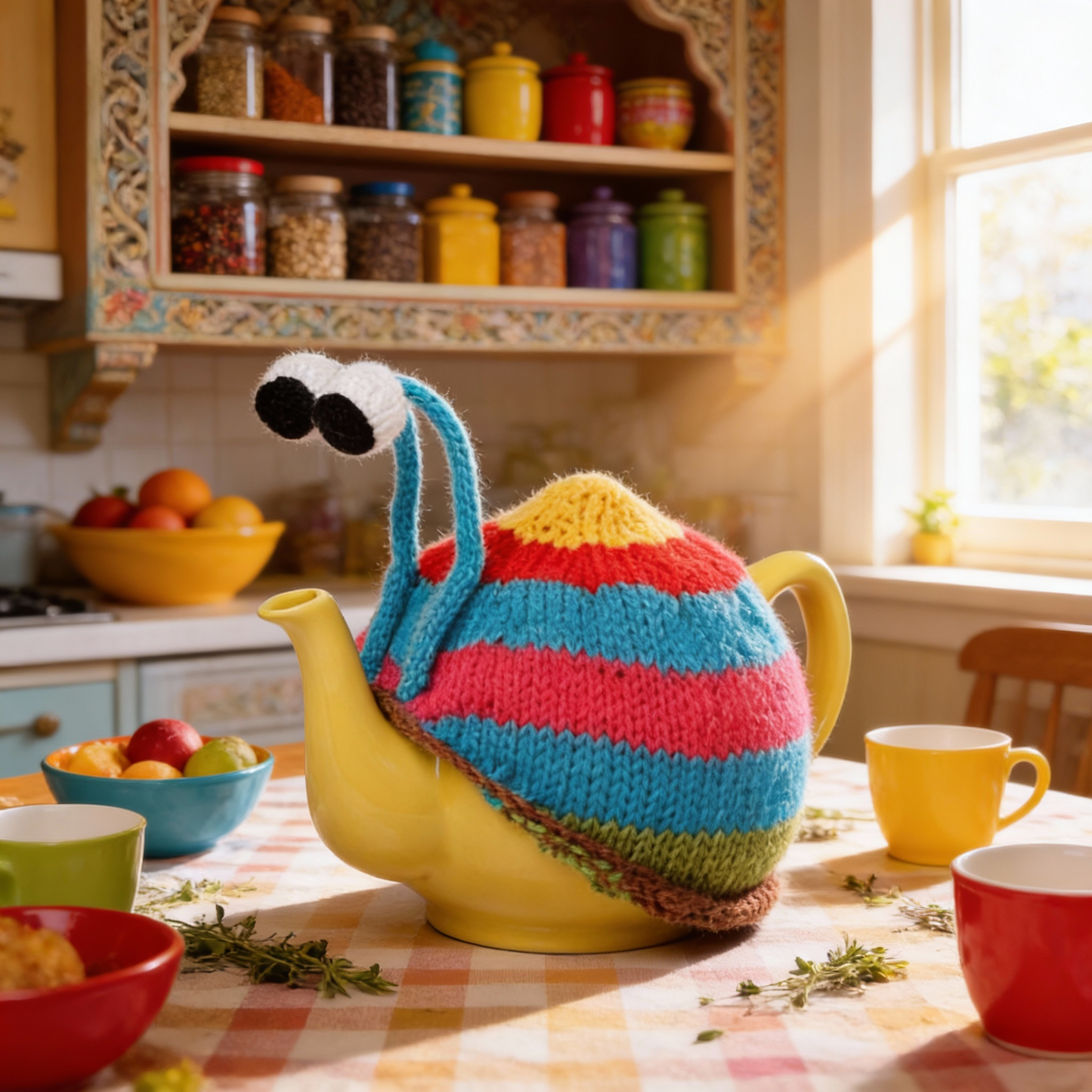 Sebastian The Snail - blue stripy tea cosy.