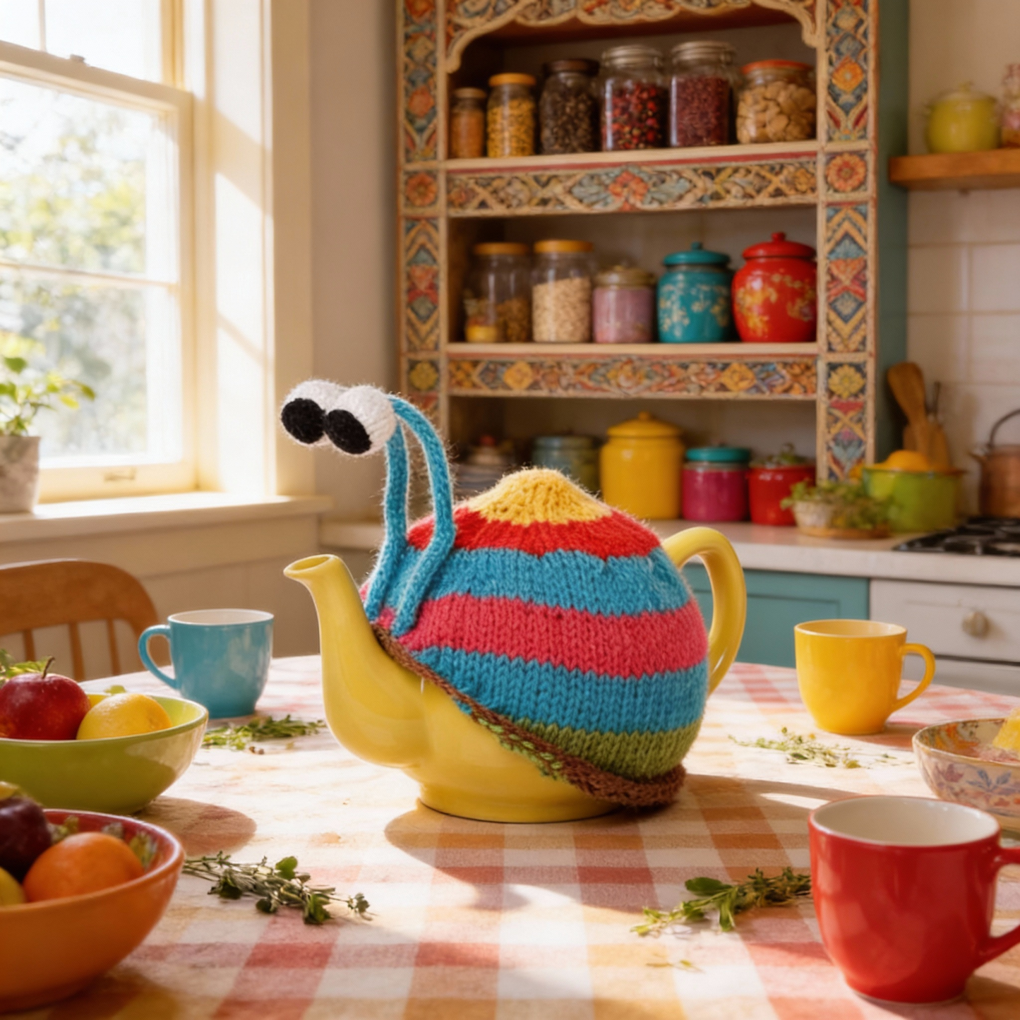 Sebastian The Snail - blue stripy tea cosy.