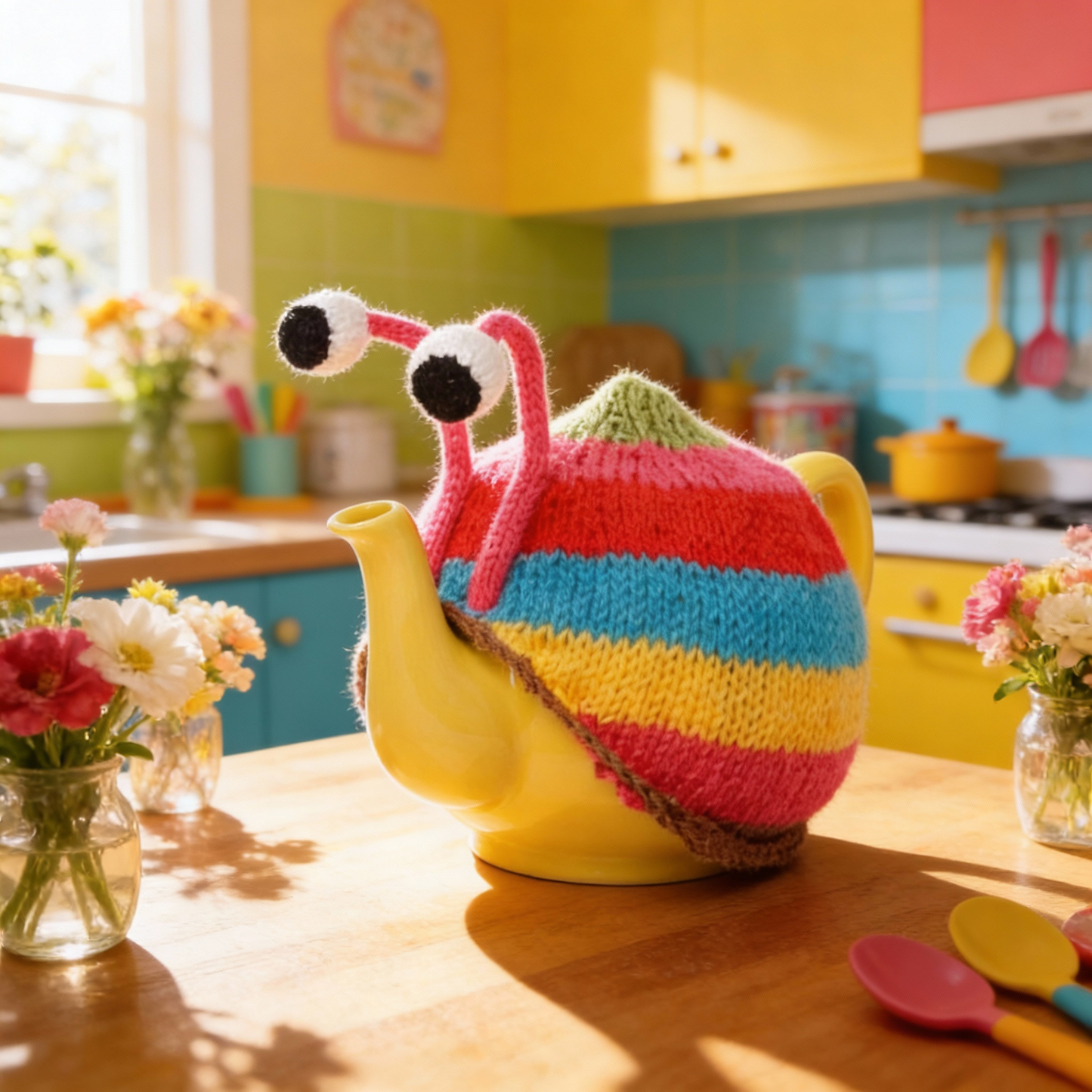 Sebastian The Snail - Pink stripy tea cosy.