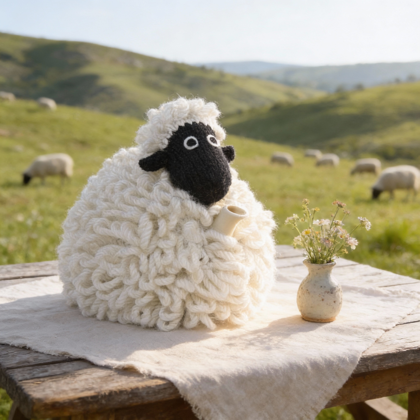 Mabel the sheep tea cosy - keeping tea warm her way!