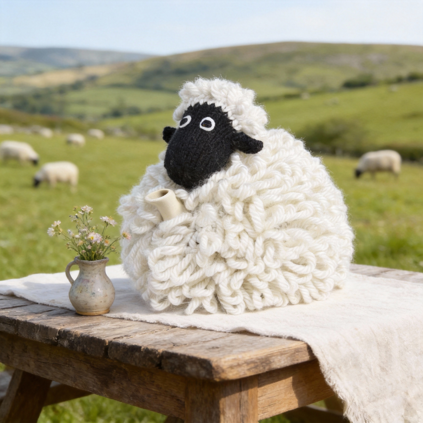 Mabel the sheep tea cosy - keeping tea warm her way!