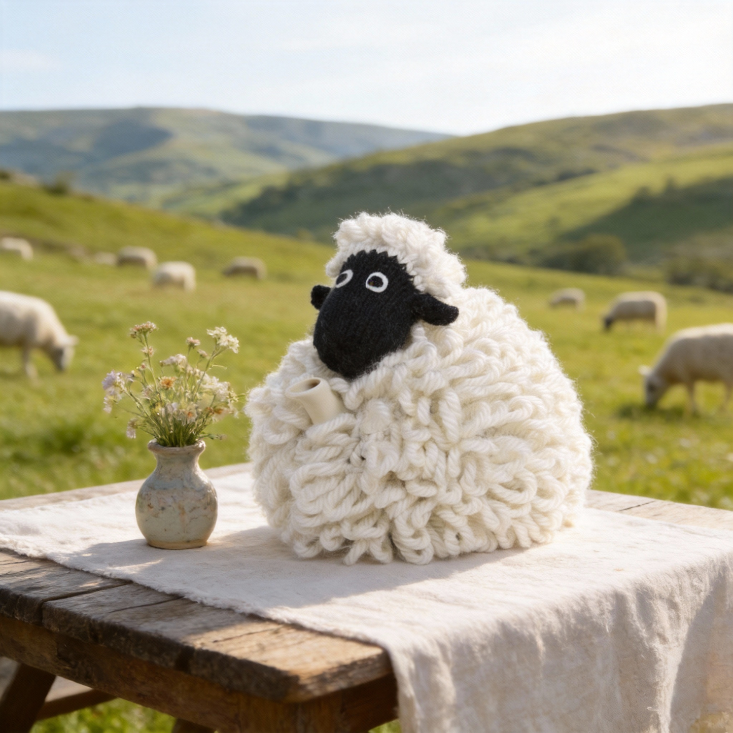 Mabel the sheep tea cosy - keeping tea warm her way!