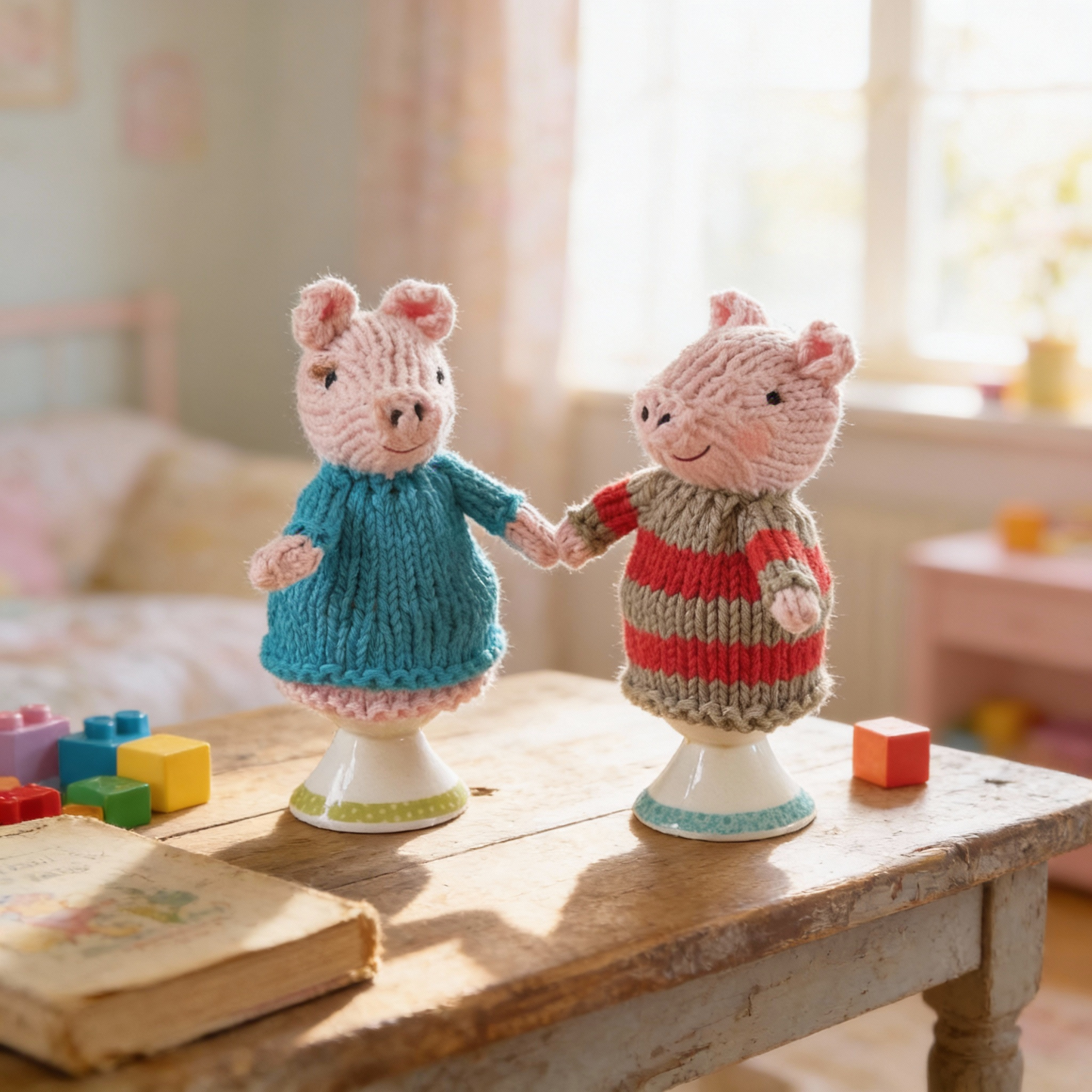 Egg cosy pigs by Rupert's House - hand knitted in washable cotton yarn.