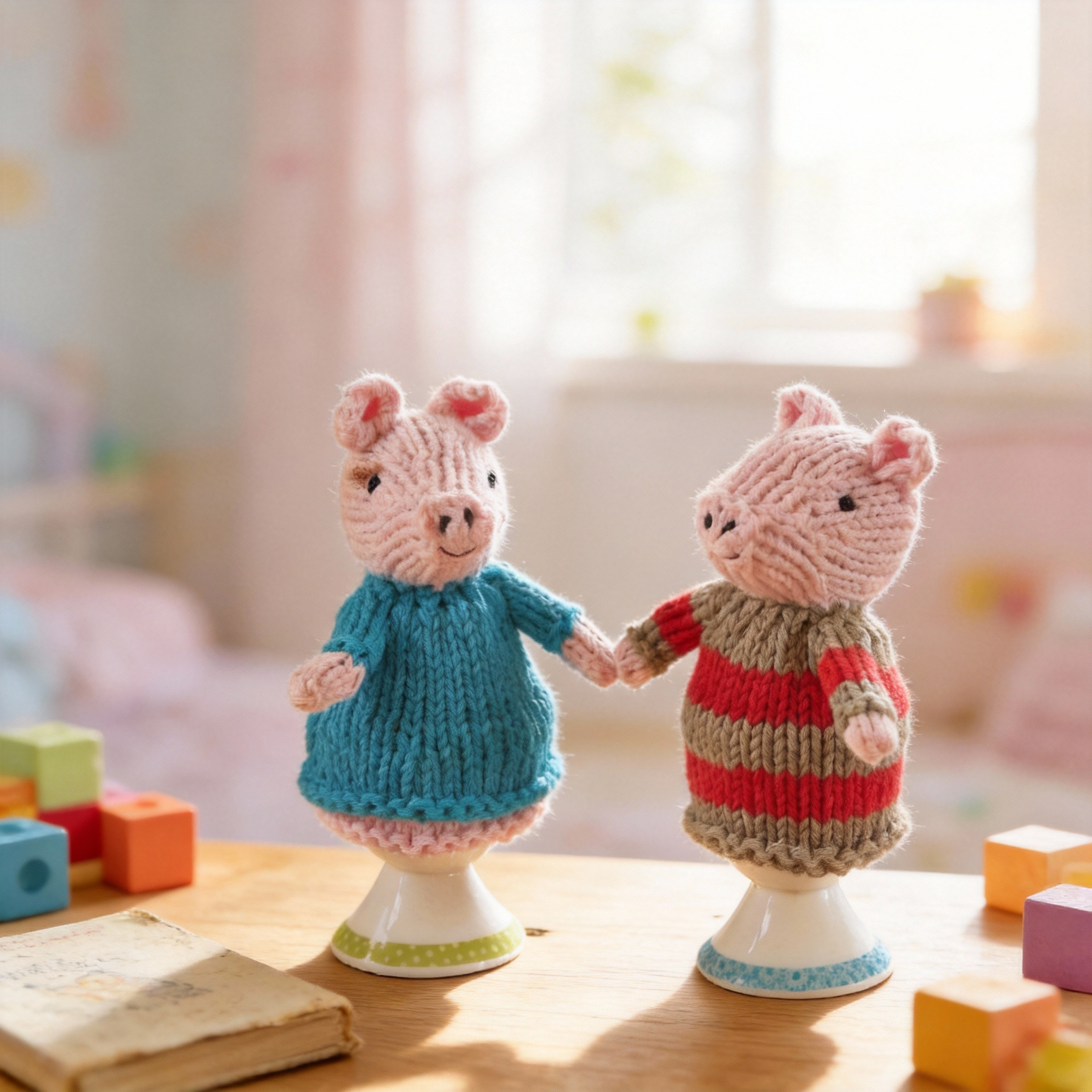Egg cosy pigs by Rupert's House - hand knitted in washable cotton yarn.
