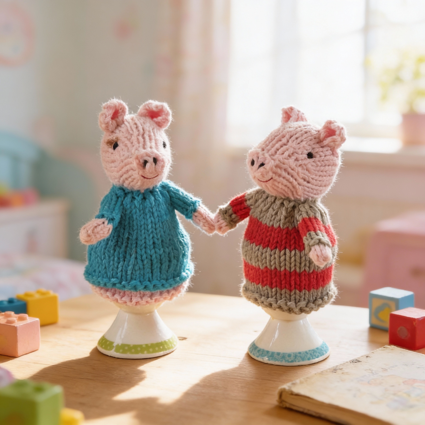 Egg cosy pigs by Rupert's House - hand knitted in washable cotton yarn.