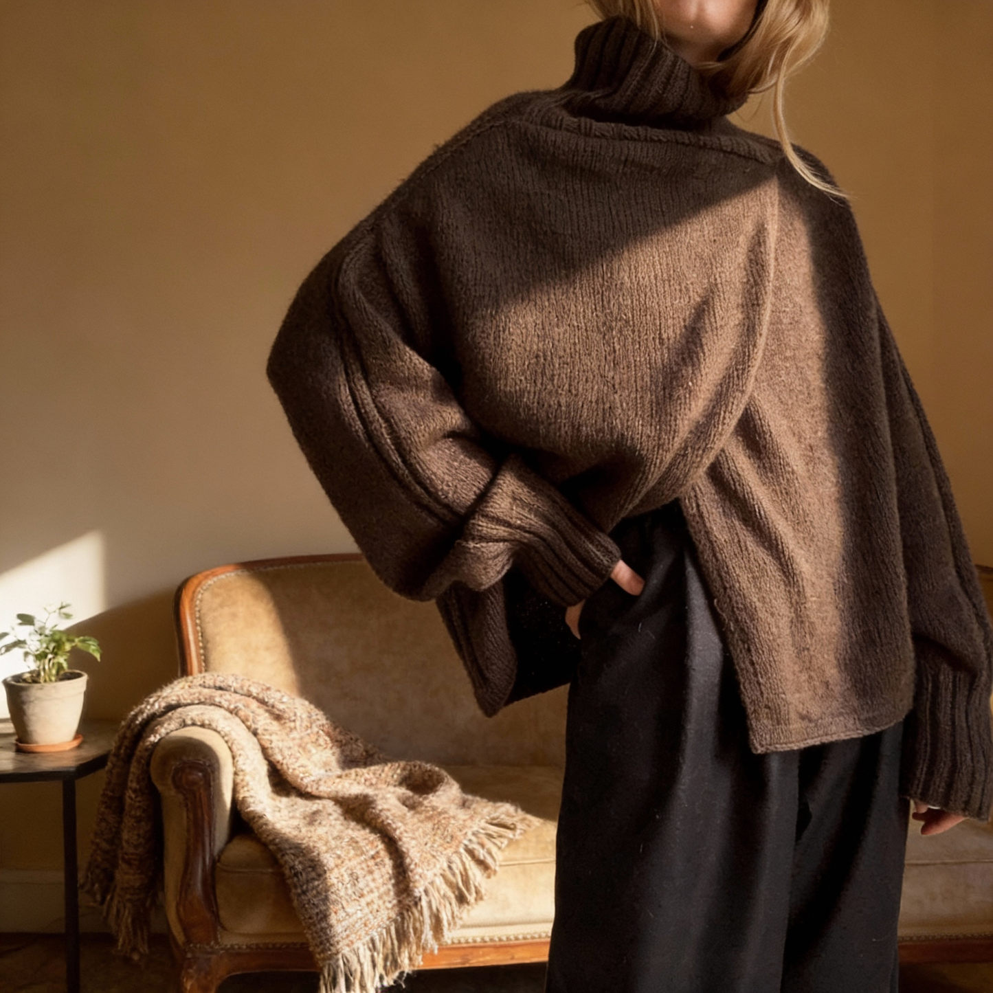 High neck wrap over sweater in Mulesing free Merino wool