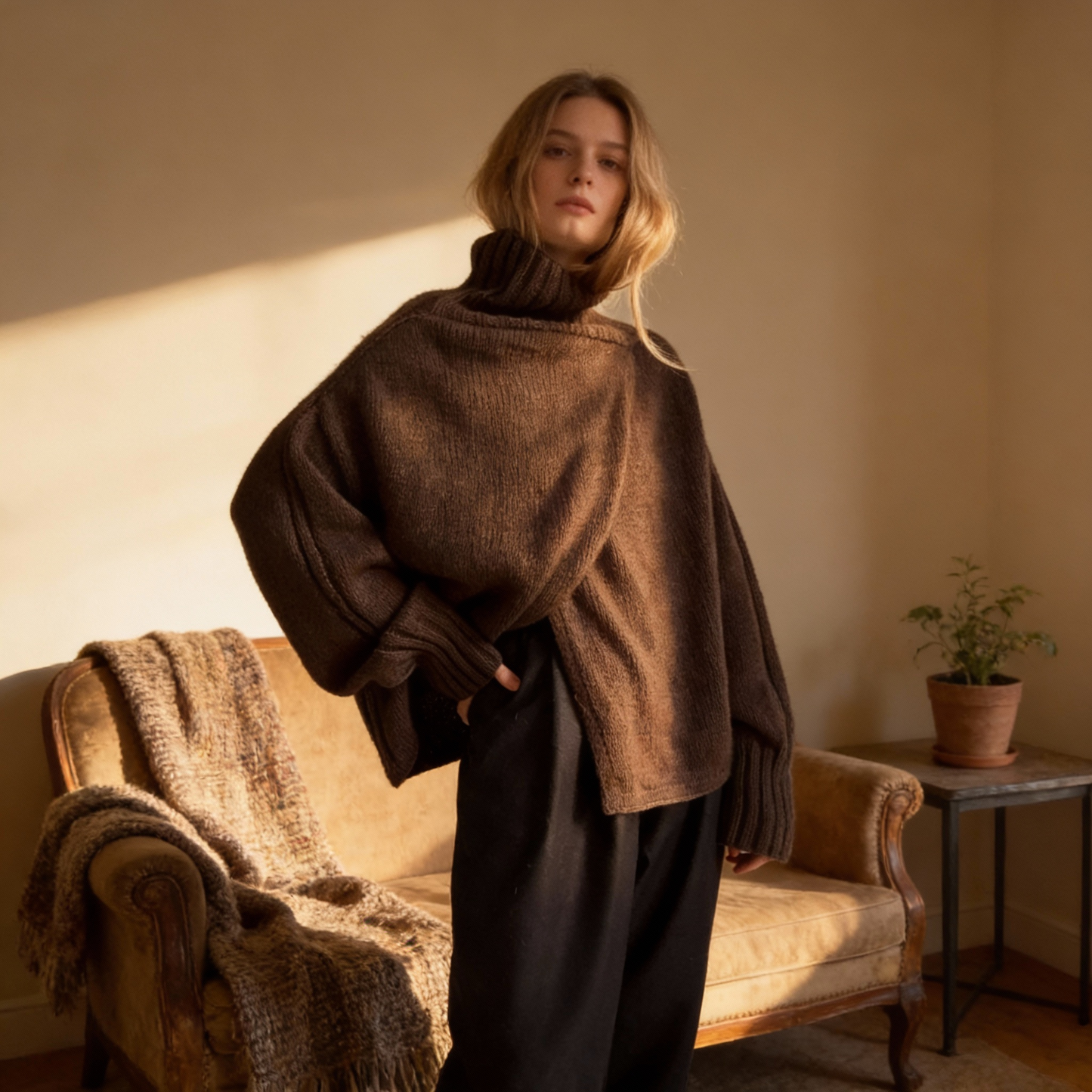 High neck wrap over sweater in Mulesing free Merino wool