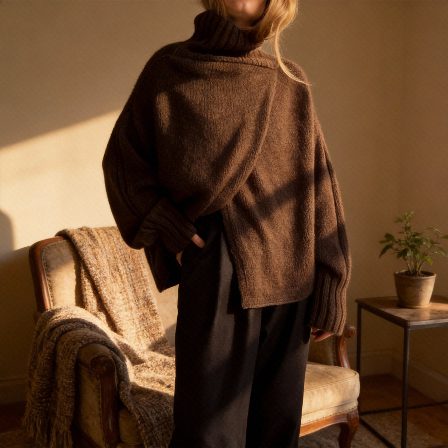 High neck wrap over sweater in Mulesing free Merino wool