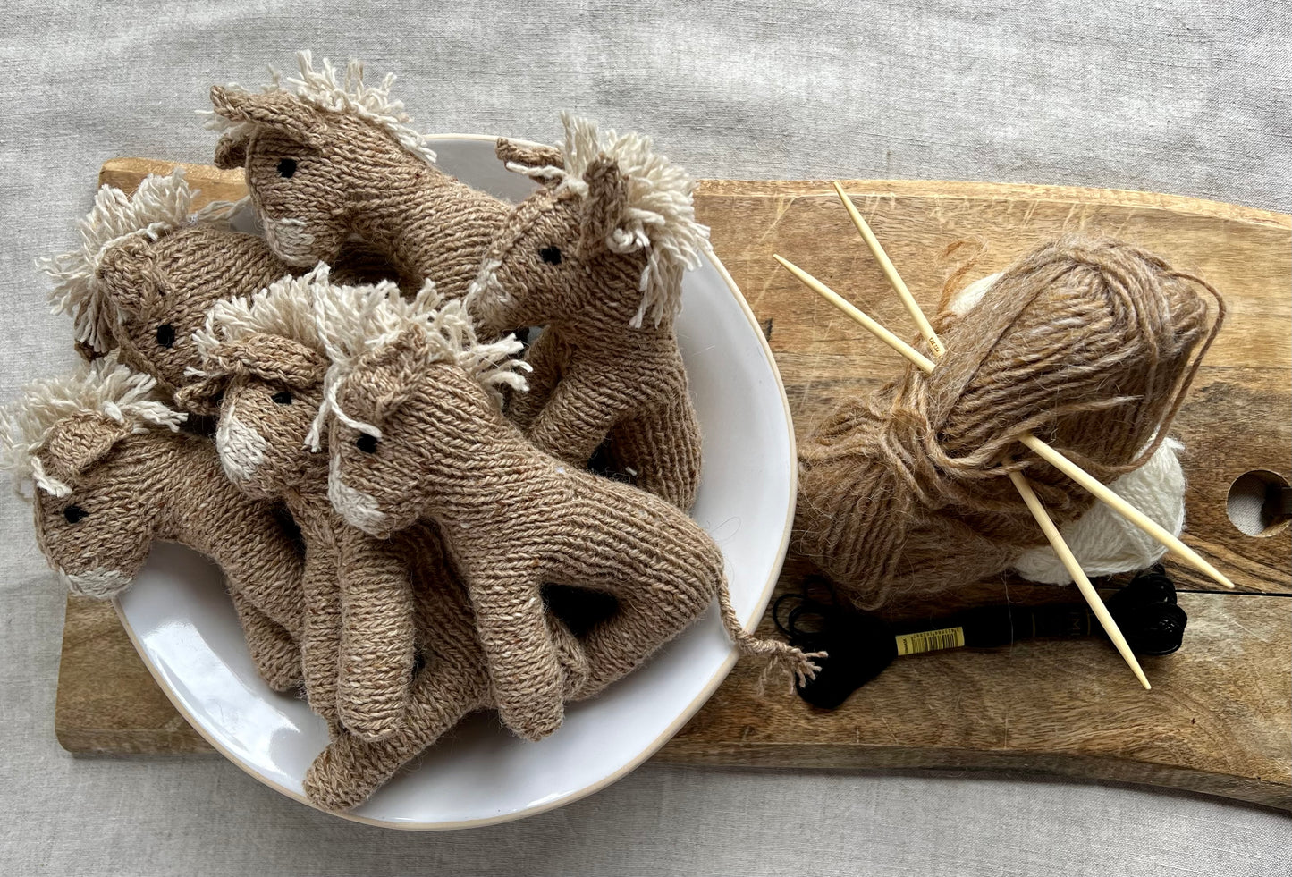 Hand knitted donkey in natural dyed wool and alpaca yarn. Donkey lovers gift