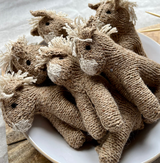Hand knitted donkey in natural dyed wool and alpaca yarn. Donkey lovers gift