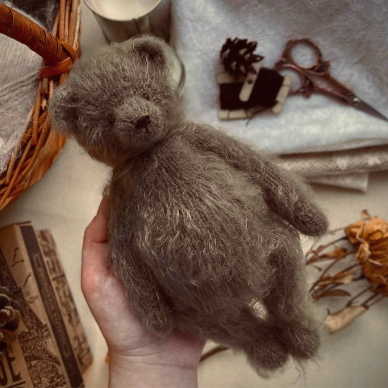 Traditional teddy bear toy hand knitted in silk and alpaca yarn by Ruperts house