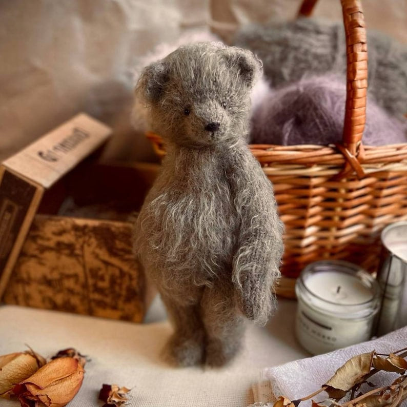 Traditional teddy bear toy hand knitted in silk and alpaca yarn by Ruperts house