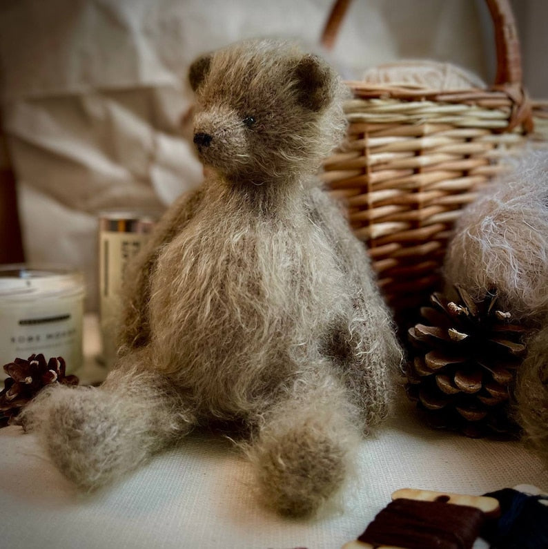 Traditional teddy bear toy hand knitted in silk and alpaca yarn by Ruperts house