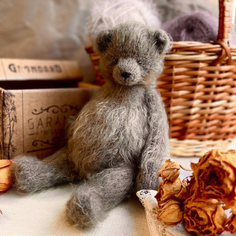 Traditional teddy bear toy hand knitted in silk and alpaca yarn by Ruperts house