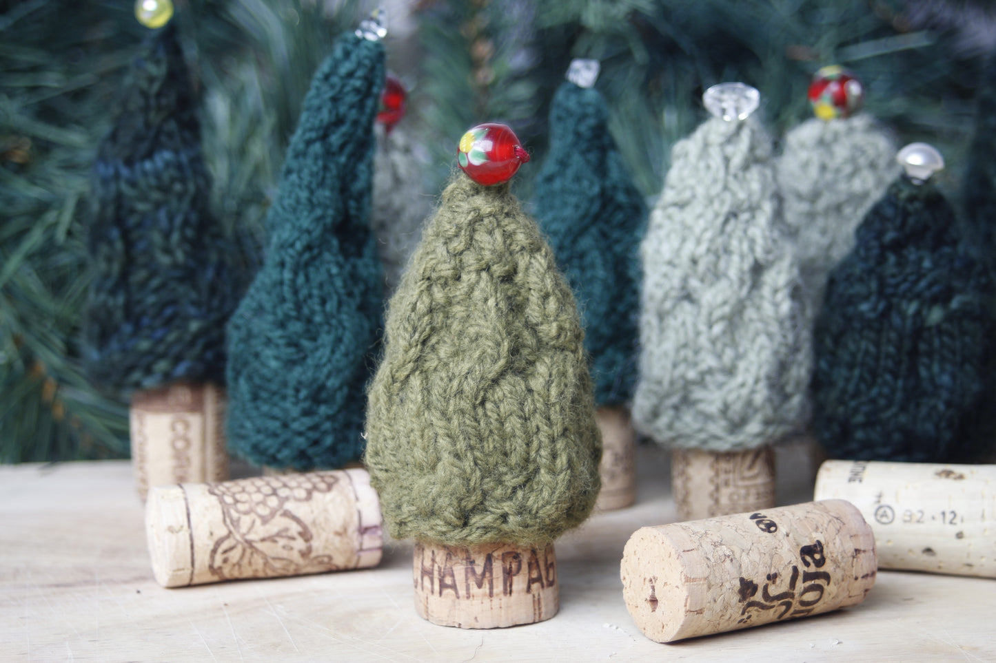 Knitted christmas tree bottle stoppers