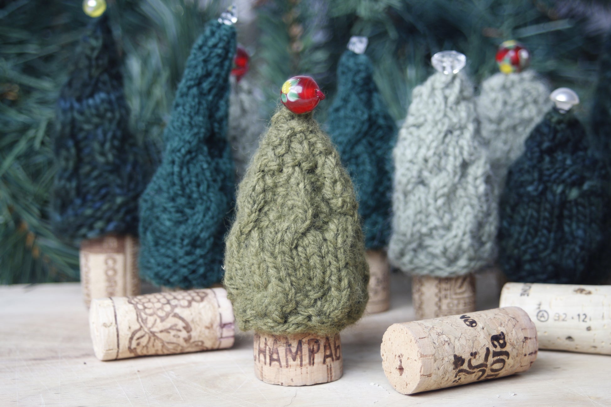 Knitted christmas tree bottle stoppers