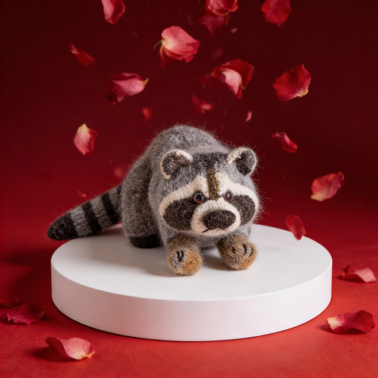 Plush raccoon toy on a white pedestal with red background and falling petals