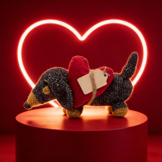 Dachshund sausage dog with a velvet heart delivering a gift message