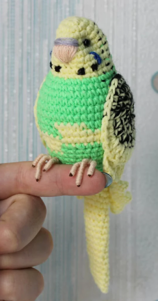 Budgerigar hand crocheted figure. Customise your own budgie in any colour.