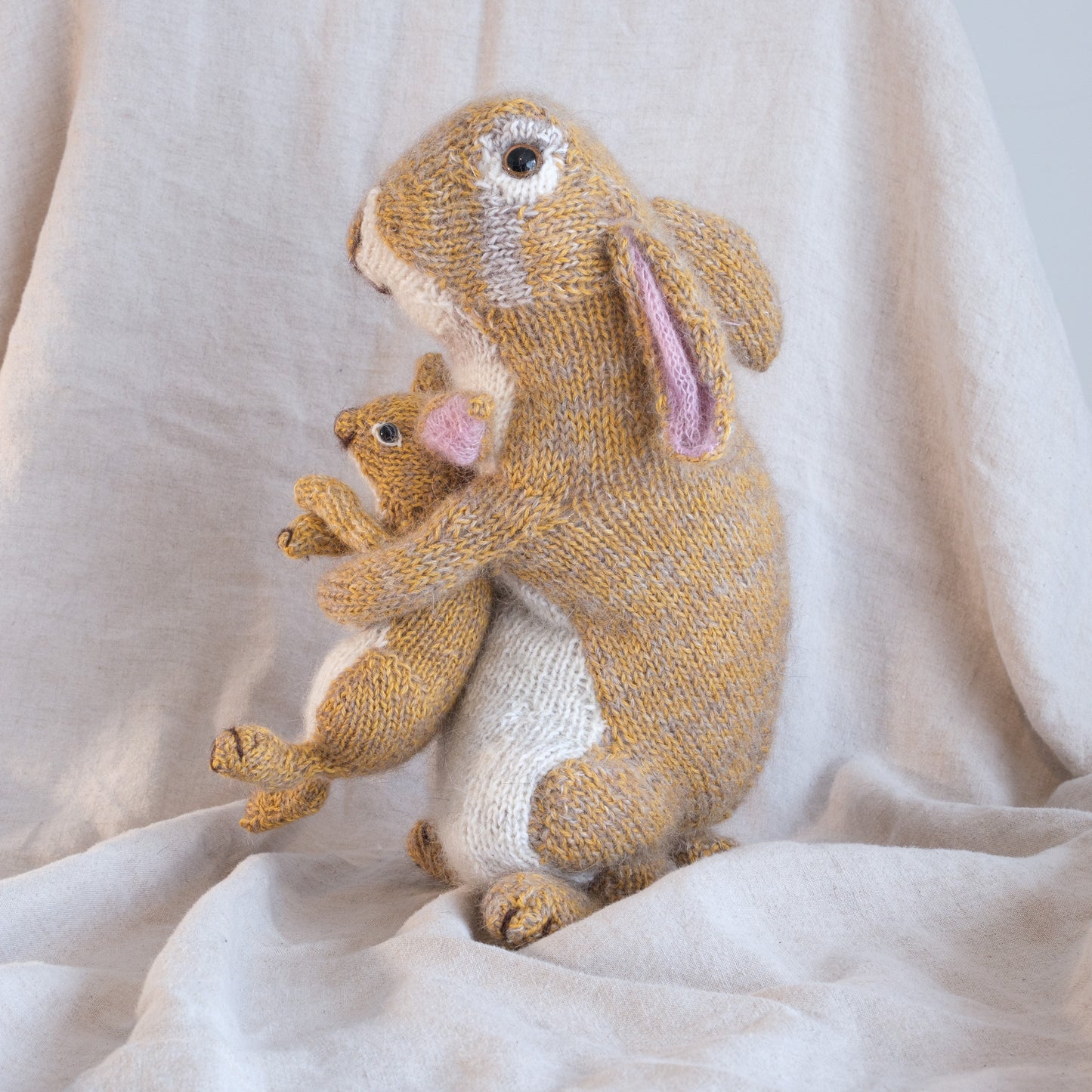 Moon Hares hand knitted in Silk and Alpaca yarns