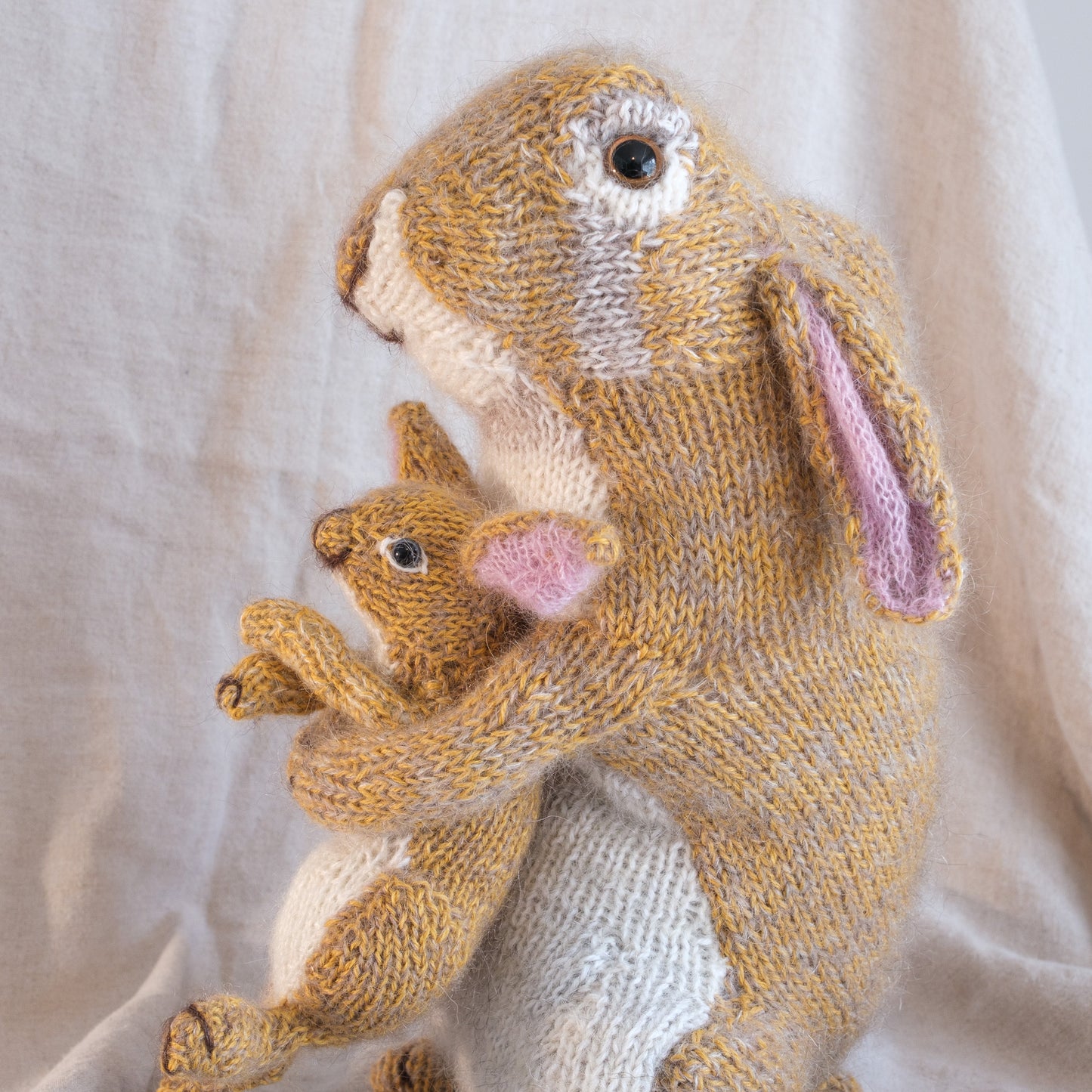 Moon Hares hand knitted in Silk and Alpaca yarns