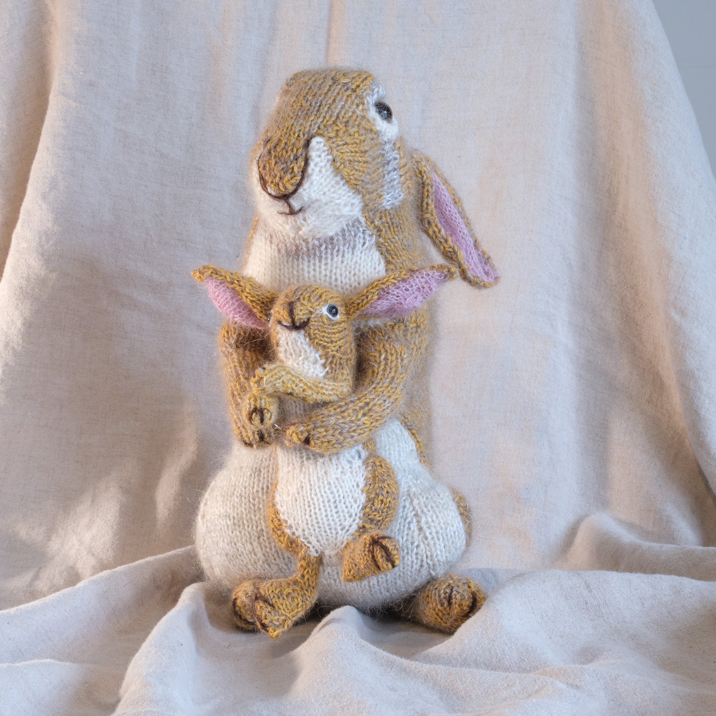 Moon Hares hand knitted in Silk and Alpaca yarns