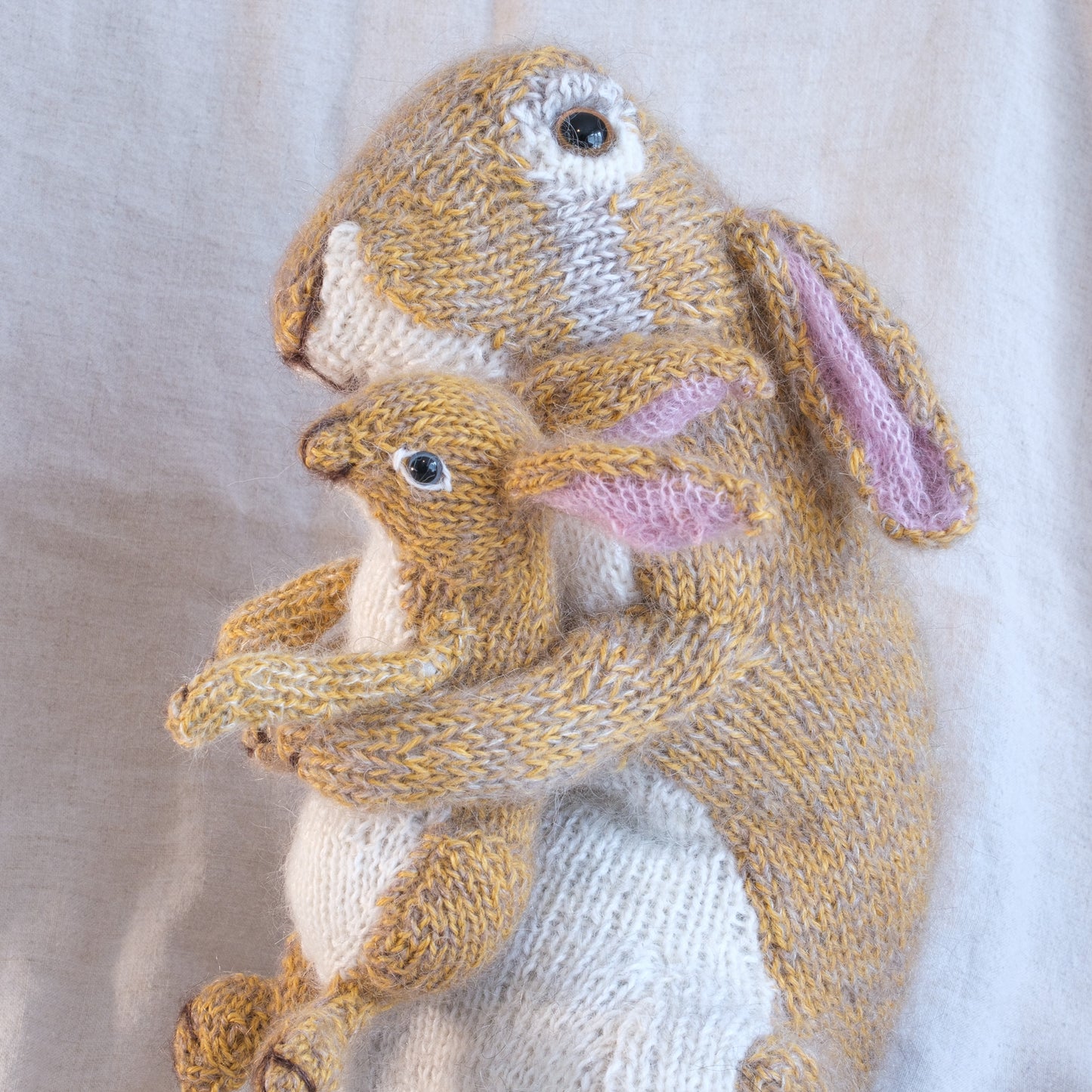 Moon Hares hand knitted in Silk and Alpaca yarns